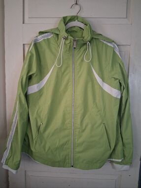 Hawke & Co Lime Green and White Hooded Windbreaker Activewear Jacket Womens Sz L